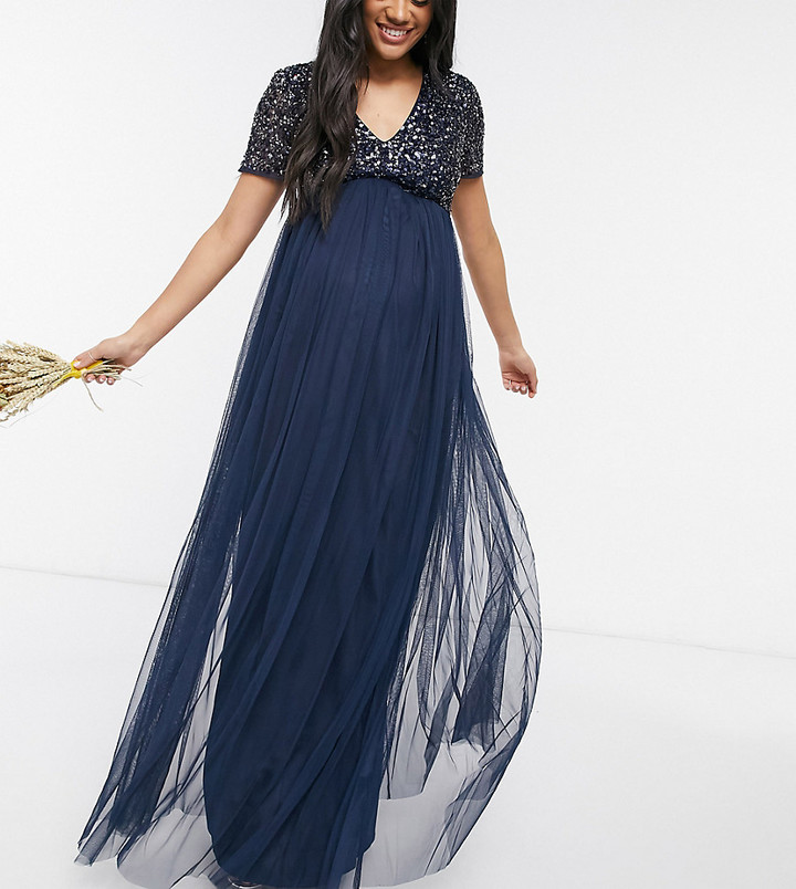 Maya Maternity Bridesmaid V-neck maxi tulle dress with tonal delicate  sequins in navy - ShopStyle