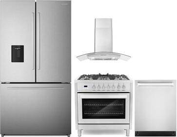 Cosmo 4 Piece Kitchen Appliance Package with French Door Refrigerator , 35.5'' Dual Fuel Freestanding Range , Built-In Dishwasher , and Wall Mount Ran