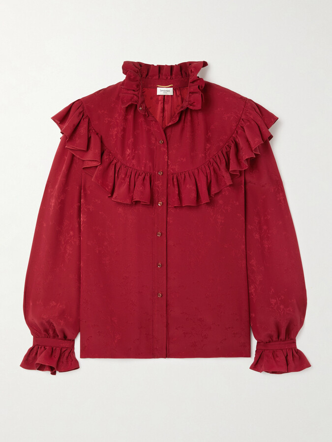 Saint Laurent Ruffled Floral Silk-jacquard Blouse - Red