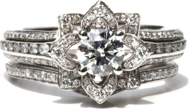 Etsy Wedding Set - Gorgeous Unique Flower Rose Diamond Engagement Ring & Band Set 2 Carats 14K White Gold Custom Made Fl01-S