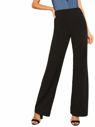 DIDK Women's Trousers High Waist Wide Leg Long Elastic Waistband Trousers Palazzo Plain Suit Trousers Office Pants Elegant - Black - Small