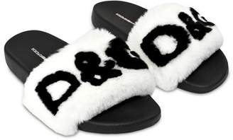 Dolce & Gabbana 20mm Rabbit Fur Logo Slide Sandals