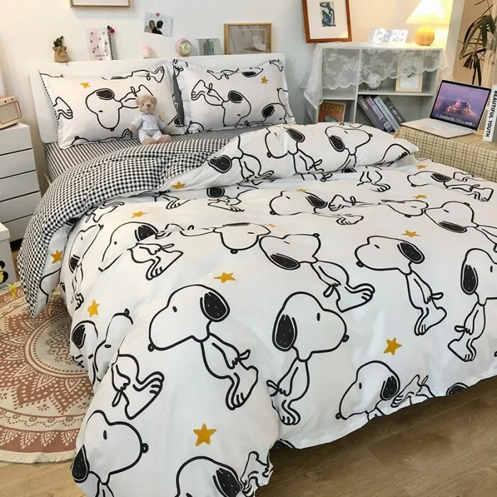 Snoopy Cartoon Polyester Four-Piece Set men women Dormitory Set quilt cover sheet pillowcase 4PCS children adult bedding set