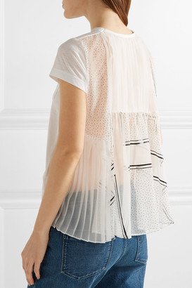 Sacai Printed Organza-paneled Linen-blend Jersey Top - White