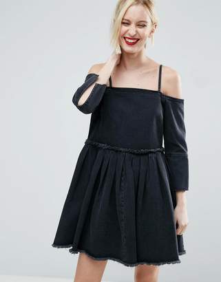 ASOS Denim Off Shoulder Dress With Pleat Detail in Washed Black