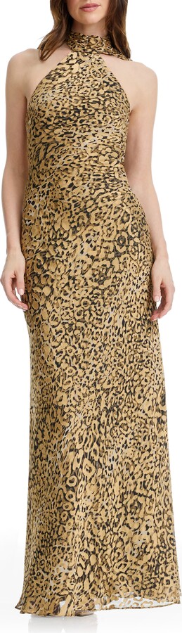 Dress the Population Olivia Leopard Print Halter Neck Gown