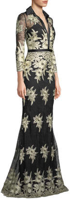 Badgley Mischka Collared Floral Lace Shirt Dress