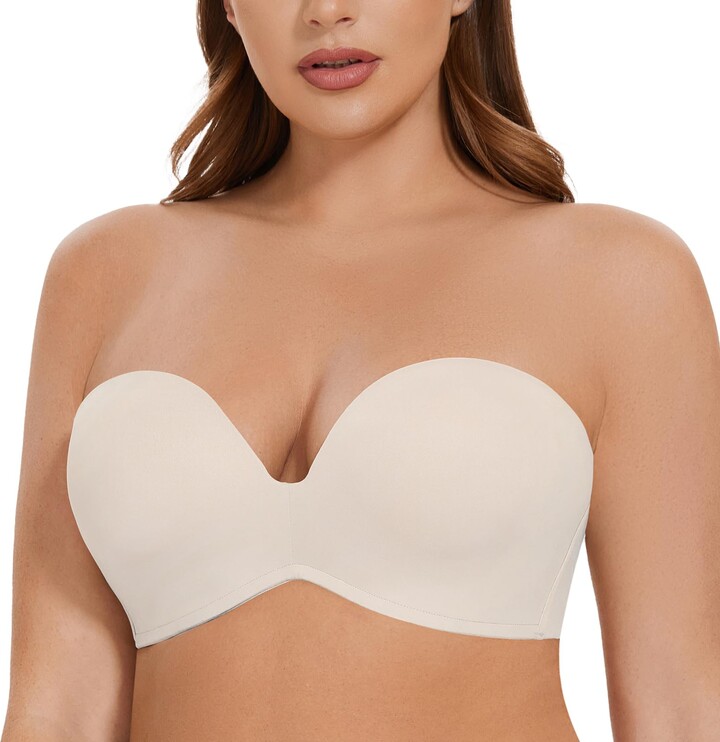 Deyllo Women's Push Up Strapless Bra Plus Size Lace Underwire Full Coverage  Multiway Invisible Bras,Beige 38B