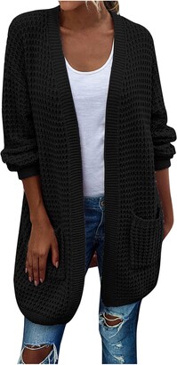 BUKINIE Womens Casual Plus Size Long Cardigans Open Front Waffle Chunky Knit Cardigan Jacket Sweater Outwear with Pocket Spring Coat Black