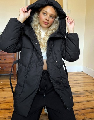Bershka belted padded puffer jacket with hood in black - ShopStyle