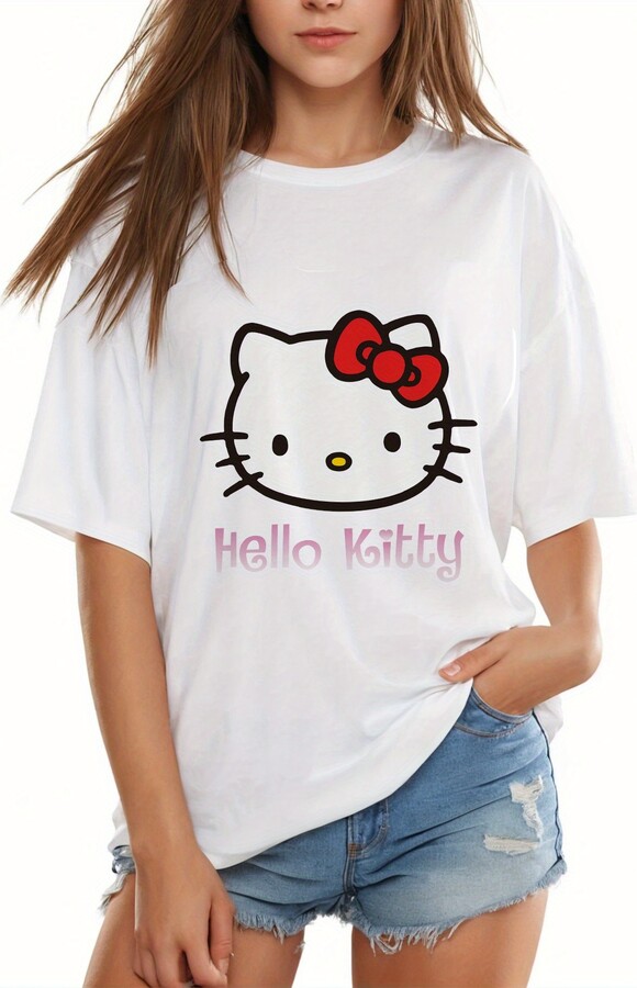 SANRIO Lady Hello Kitty Cartoon Pattern Summer T-shirt Suitable for Daily Casual and Sports Wear 100% Pure Cotton Material Loose Fit
