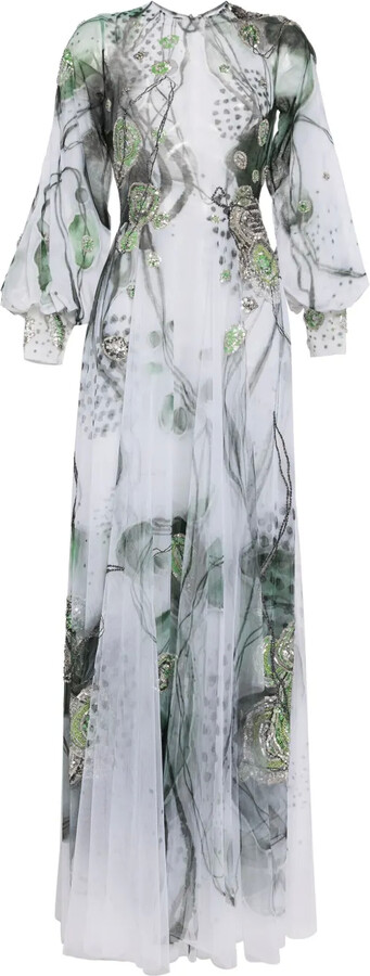 Graphic-Print Beaded Tulle Dress