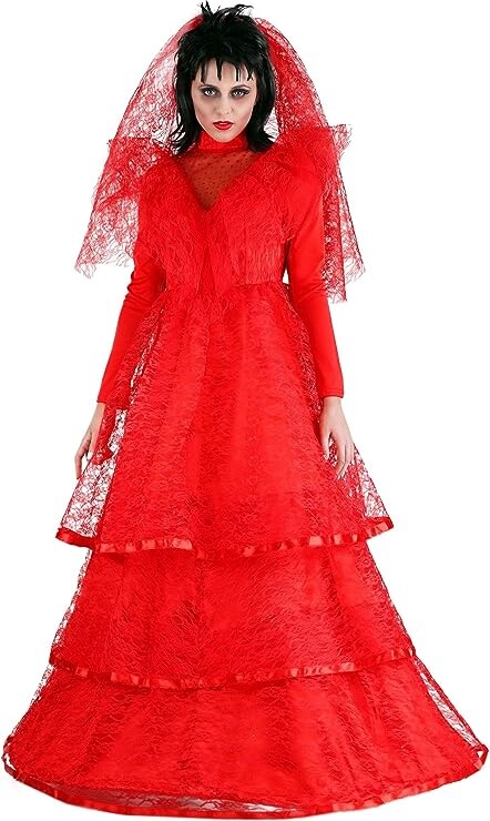 Adult Red Gothic Wedding Dress Womens, Undead Goth Bride Morbid Mortal Halloween Day of The Dead