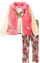 Thumbnail for your product : Betsey Johnson Heart Tee, Faux Fur and Pleather Jacket & Printed Legging Set (Little Girls)
