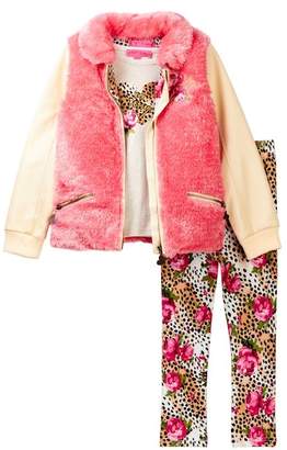 Betsey Johnson Heart Tee, Faux Fur and Pleather Jacket & Printed Legging Set (Little Girls)