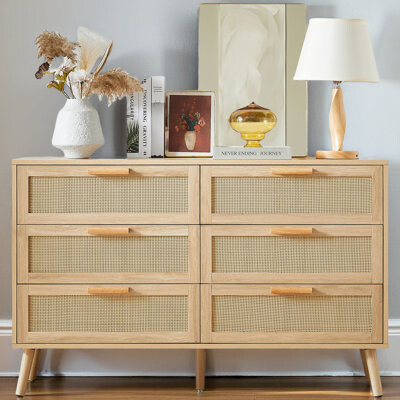 Bedroom Dresser, 6 Double Dresser With Rattan Drawers, Wood Chest Of Drawers For Kids Room, Living Room, Entry And Hallway, Natural, 47.2'' W X 15.8''