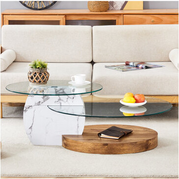 Ivy Bronx Contemporary Artistic Double Layer Coffee Table - White Marble And Wood Grain Collision, Multiple Colors Available.Density Board Sticker,Reinforced Gl