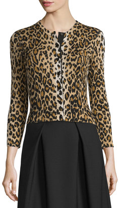 Carolina Herrera 3/4-Sleeve Leopard-Print Cardigan, Black/Camel