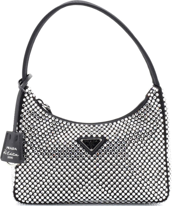 Prada Re-Edition 2000 Black Satin Silver Crystal Nylon Shoulder Small Hobo  Bag