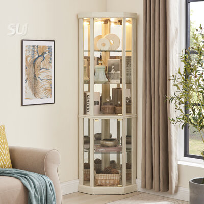 Canora Grey Lighted Corner Curio Cabinet - Elegant Glass Display Case For Living Room & Bar Perfect For Antique Collections & Wine With Built-In Lighting