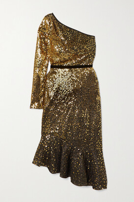 Marchesa Notte One-sleeve Velvet-trimmed Sequined Cady Dress
