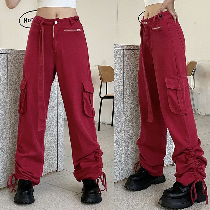 Blooming Jelly Women High Waisted Cargo Pants with 4 Pockets Drawstring  Wide Leg Pants Y2K Baggy Trousers Black at  Women's Clothing store