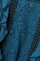 Thumbnail for your product : Self-Portrait Ruffled Guipure Lace And Pleated Crepe Midi Dress - Storm blue