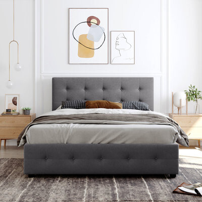 Latitude Run Upholstered Platform Bed With 4 Drawers And Button- Headboard In Gray - Queen No Box Spring Strong Chic Bedroom Accessory Size Classic Stable Fashiona