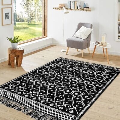 HAOCOO Boho Living Room Rug 4' x 6',Black and White Diamond Cotton Woven Washable Area Rug Moroccan Vintage Tribal Kitchen Rug Throw Carpet Indoor Outdoor Entryway Decor Rug for Bedroom Laundry Room