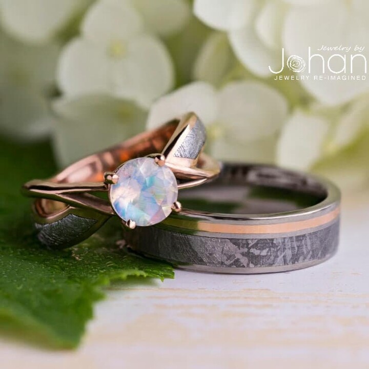 Etsy Meteorite Rose Gold Wedding Ring Set Moonstone Engagement Ring Titanium Band