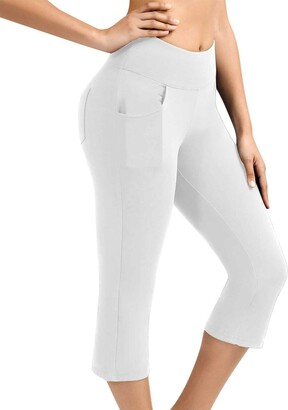 AOCRD Women's High Waist Yoga Pants Capri 3/4 Length Workout Running  Leggings with Pockets Tummy Control Fitness Exercise Cropped Tights- Non-See -Through Fabric White - ShopStyle Activewear Trousers