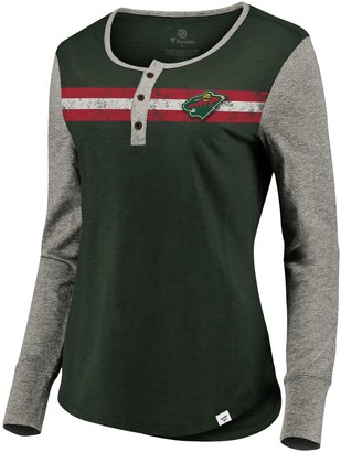 Women's Fanatics Branded Green/Heathered Gray Minnesota Wild True Classics Retro Henley Long Sleeve T-Shirt