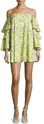 Caroline Constas Carmen Tiered Ruffle Sleeve Mini Dress, Yellow Pattern