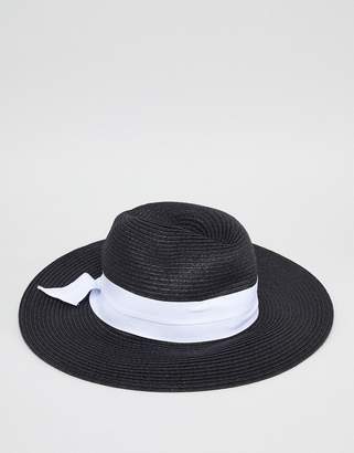 French Connection Monochrome Straw Beach Hat With Bow Ribbon