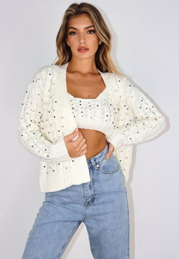 Missguided White Pearl Embellished Cardigan ShopStyle