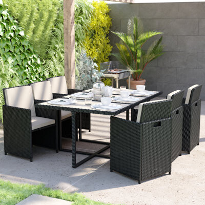 Latitude Run 7 Piece Outdoor Patio Dining Set with Acacia Table & 6 Wicker Chairs