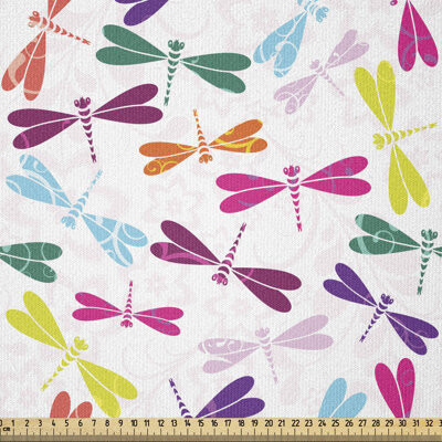 Ambesonne Dragonfly Fabric By The Yard, Playroom Birthday Bunch Of Winged Animals Floral Pattern,Square