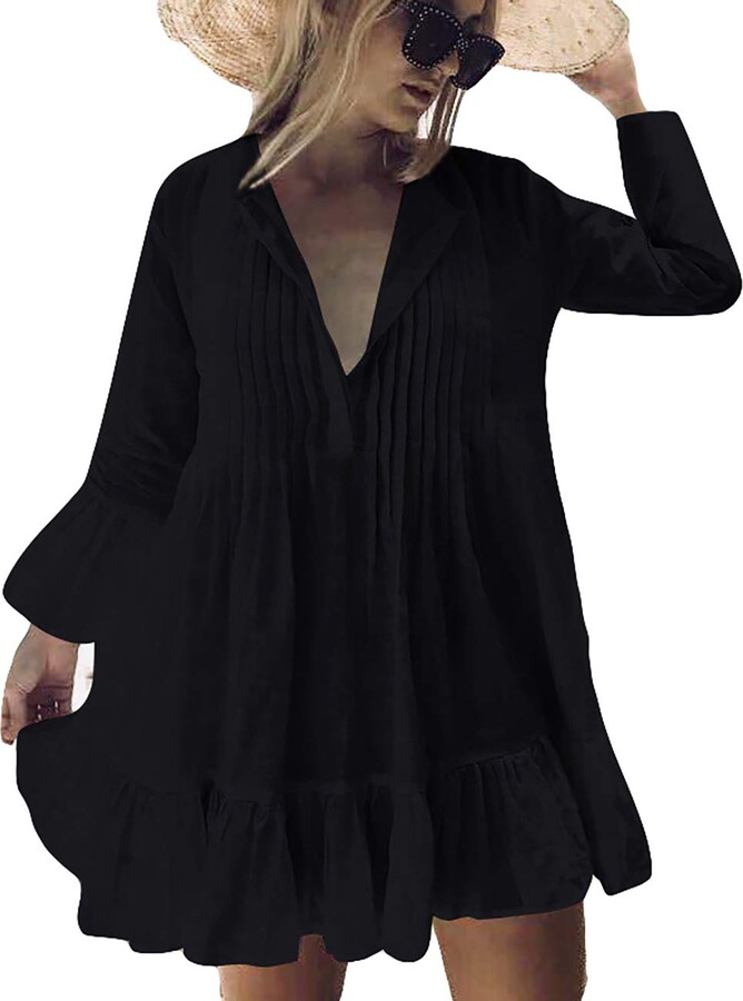 Bsubseach Black Long Sleeve Beach Tunic Shirt Cover Up Dress Loose Swimsuit  Bathing Suit Cover Ups for Women - ShopStyle