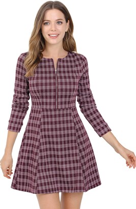 Allegra K Women's Vintage Plaid Houndstooth Long Sleeve Work Office Zip Up Fit and Flare Mini Dress Aubergine L-16