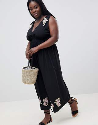 ASOS Curve DESIGN Curve Ruched Waist Plunge Jumpsuit With Embroidery