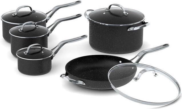 ilepo Starfrit The Rock 10PC Non-Stick Cookware Set - Durable Forged Aluminum - Oven Safe - PFOA Free - Easy to Clean - Black
