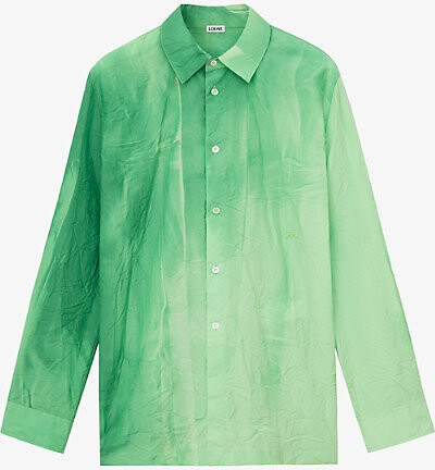 Loewe Womens Green Crinkled-Texture Gradient-Print Cotton-Blend Shirt 14