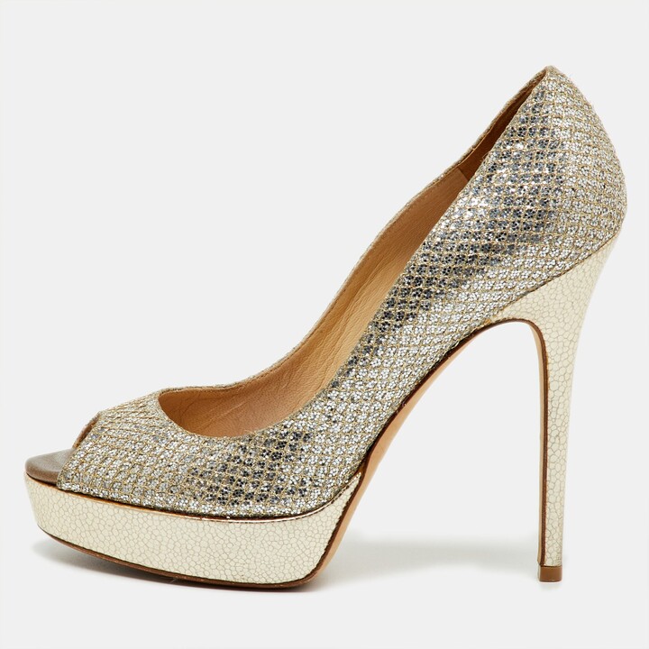 Jimmy Choo Metallic Gold Glitter Luna Peep Toe Platform Pumps