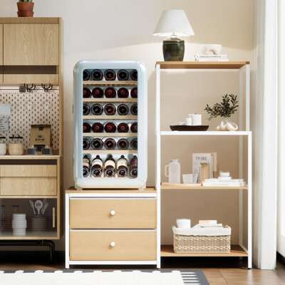 17 Stories Mini Fridge Stand With Storage,Microwave Bakers With Power Outlet,Coffee Bar Cabinet Station, 4-Tier 2 Drawer