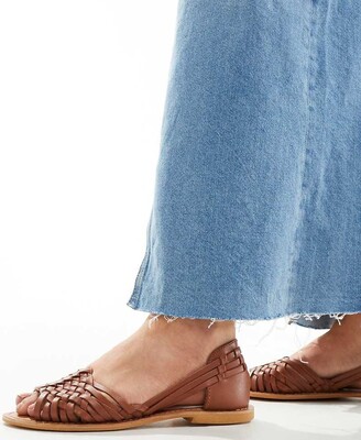 ASOS DESIGN Wide Fit Francis leather woven flat sandals in tan