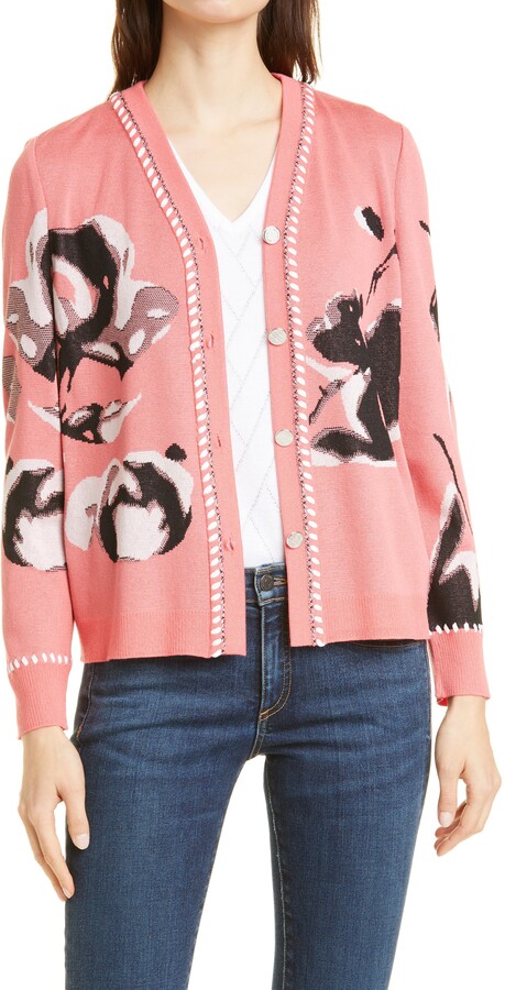 pink cardigan with black trim