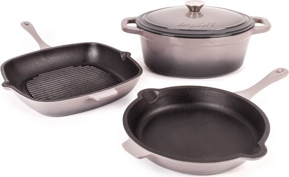 Berghoff Neo Cast Iron 4Pc Set, Fry Pan 10", Square Grill Pan 11", & 5qt. Covered Dutch Oven, Blue