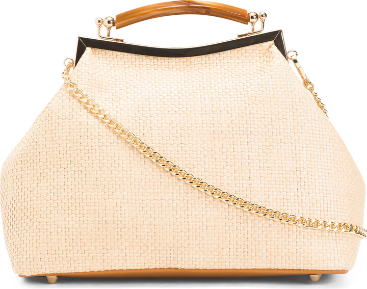 Stella Bianca Made In Italy Raffia Kiss Lock Crossbody With Chain Strap