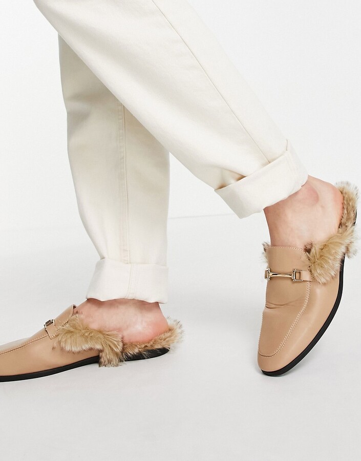 ASOS DESIGN backless mule loafer stone faux leather with faux fur - ShopStyle
