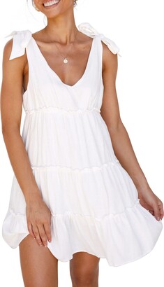 Anloli Brown Summer Dress for Women Tie Strap Ruffle Hem Sleeveless Ruffle Dress Mini Dress Brown XL
